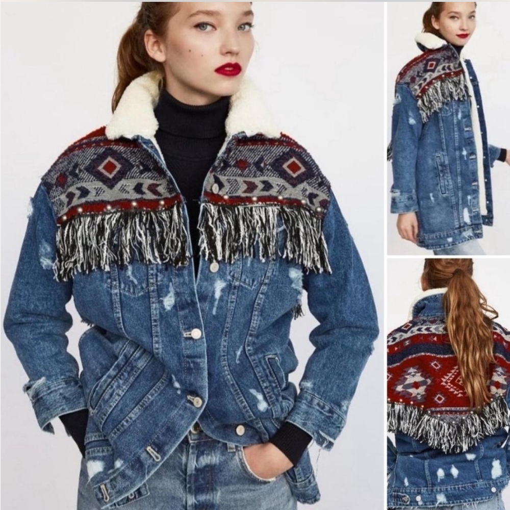 Zara long fringed denim jacket with traditional embroidery and sherpa lining
